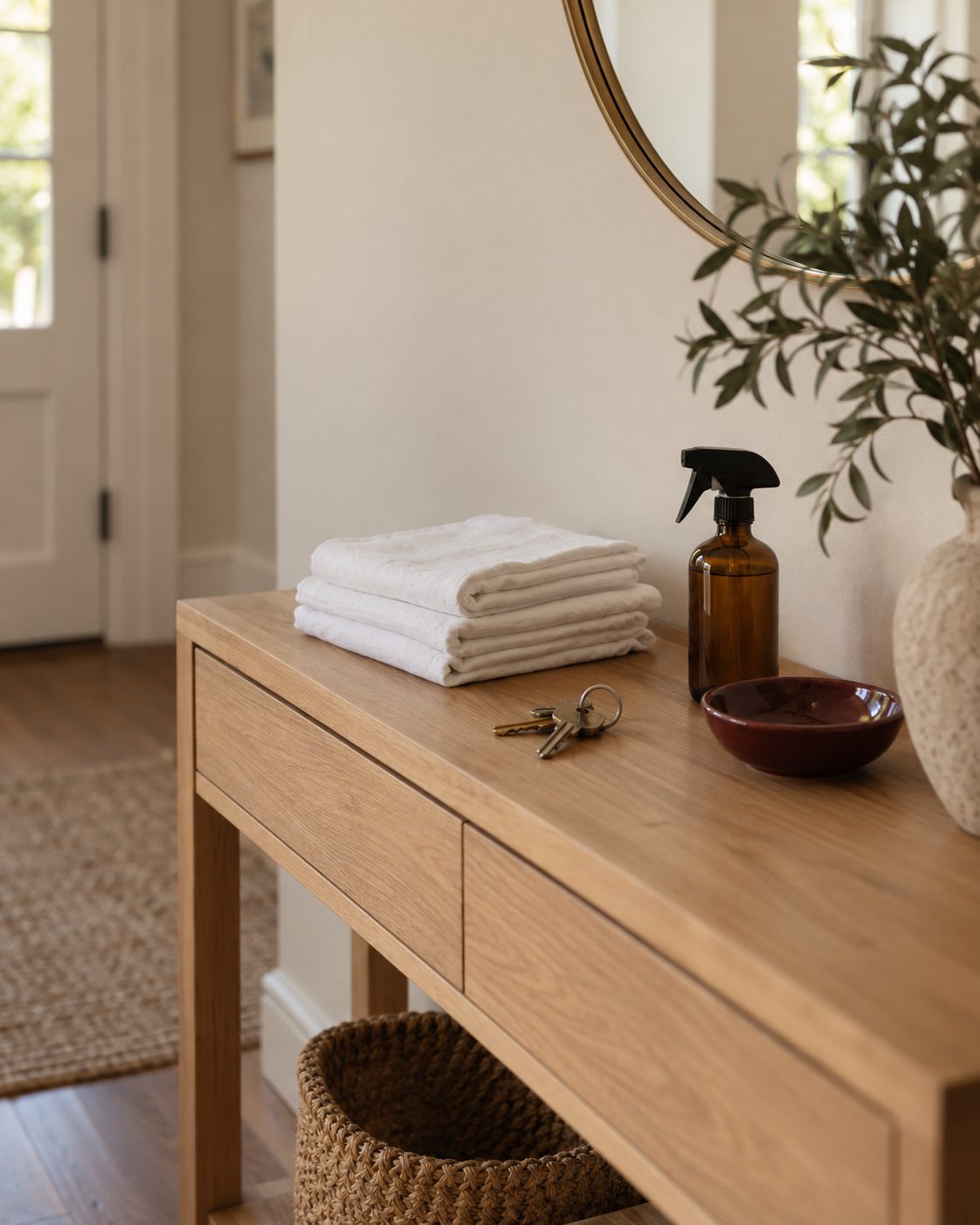 An entryway console table with folded clean cloths, a spray bottle and a set of house keys
