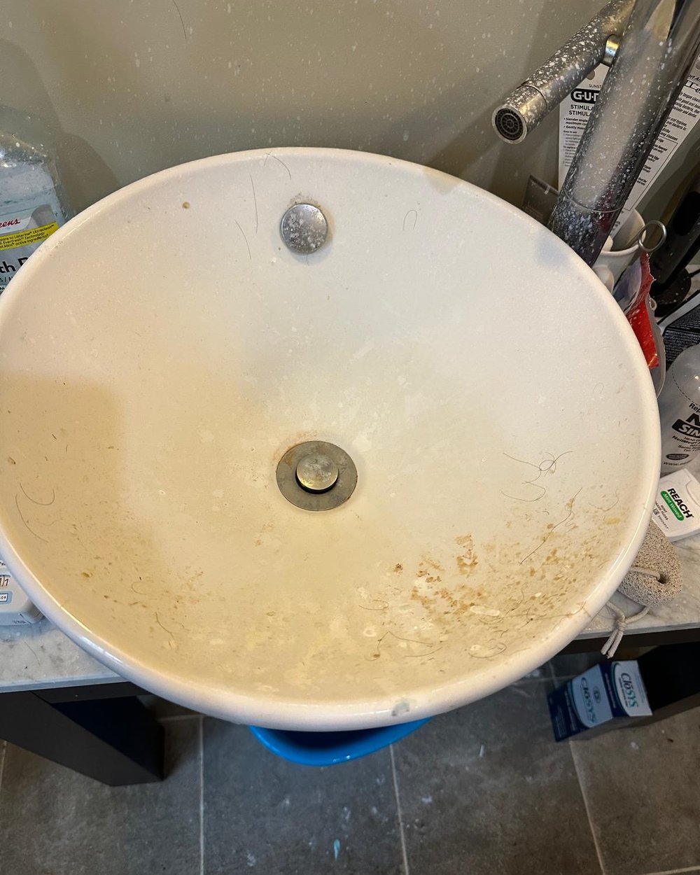 Before: the same vessel sink, grimy with hair and mineral buildup